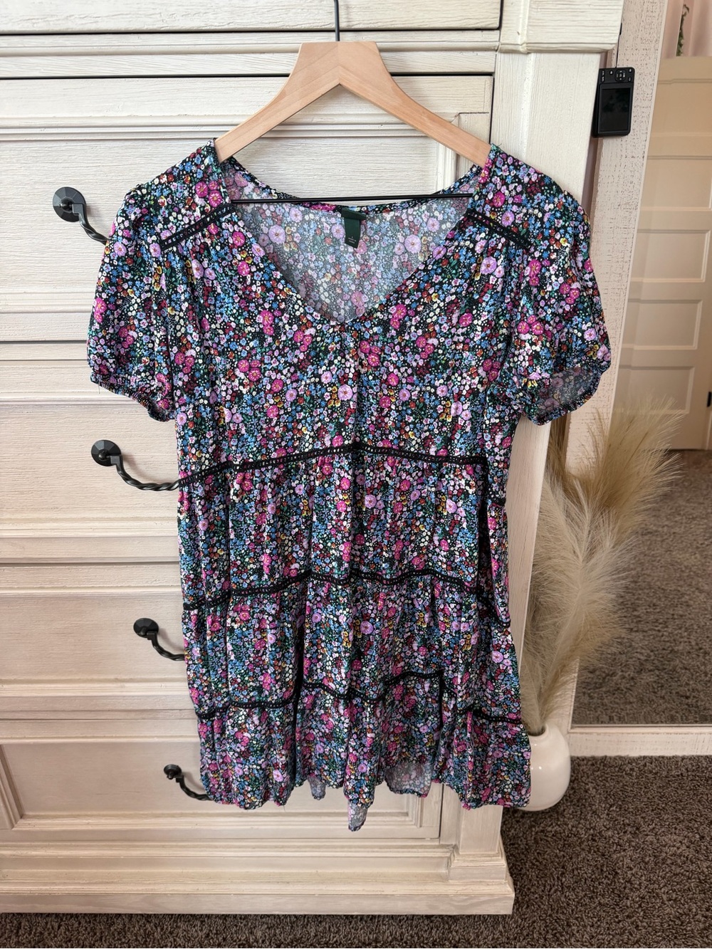 Target Black Floral V‑Neck Tiered Tunic - Pink, Purple, Blue